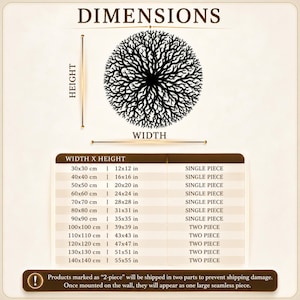 Peut inclure: Diagramme des dimensions d'une d&eacute;coration murale en forme d'arbre circulaire. Les mesures sont en cm et en pouces, de 30x30 cm (12x12 po) &agrave; 140x140 cm (55x55 po). Disponible en une ou deux pi&egrave;ces.