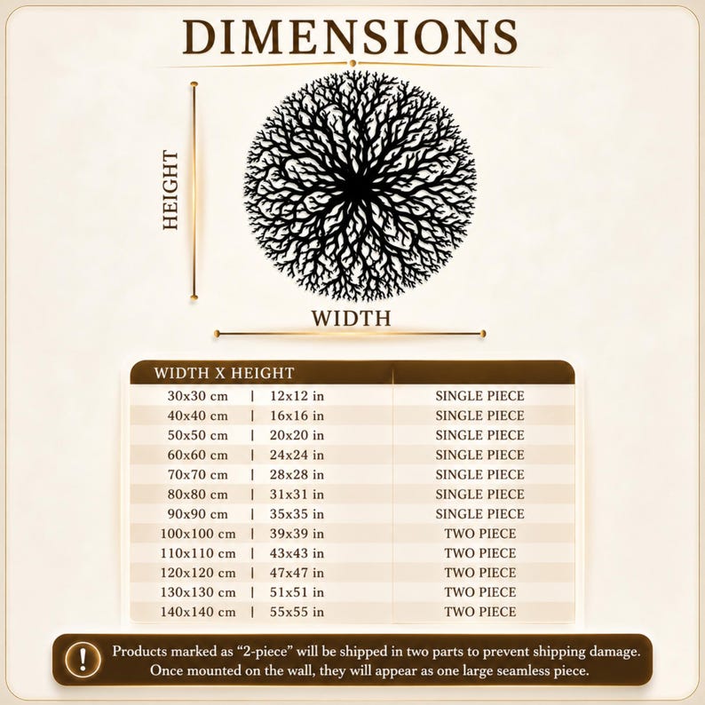 Peut inclure: Diagramme des dimensions d'une d&eacute;coration murale en forme d'arbre circulaire. Les mesures sont en cm et en pouces, de 30x30 cm (12x12 po) &agrave; 140x140 cm (55x55 po). Disponible en une ou deux pi&egrave;ces.