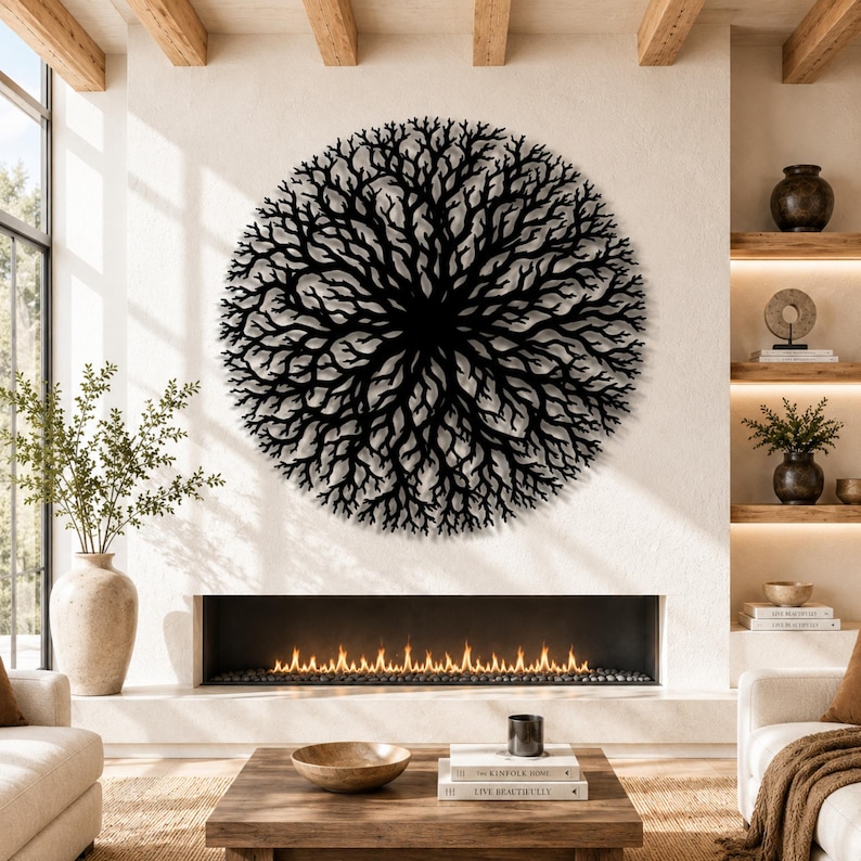 Peut inclure: Une grande &oelig;uvre d'art murale circulaire en m&eacute;tal noir repr&eacute;sentant un motif de branches d'arbre. L'&oelig;uvre est fix&eacute;e sur un mur blanc au-dessus d'une chemin&eacute;e. La pi&egrave;ce pr&eacute;sente des tons neutres, des poutres en bois et une esth&eacute;tique moderne.