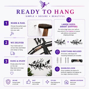 Peut inclure: Un graphique expliquant comment accrocher une d&eacute;coration murale en m&eacute;tal. Le texte "READY TO HANG" est mis en &eacute;vidence, avec des instructions pour marquer le mur, la livraison et l'accrochage. Il met &eacute;galement en avant les grandes tailles, l'exp&eacute;dition intelligente et le mat&eacute;riel inclus.