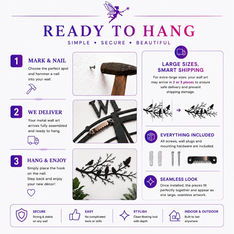 Peut inclure: Un graphique expliquant comment accrocher une d&eacute;coration murale en m&eacute;tal. Le texte "READY TO HANG" est mis en &eacute;vidence, avec des instructions pour marquer le mur, la livraison et l'accrochage. Il met &eacute;galement en avant les grandes tailles, l'exp&eacute;dition intelligente et le mat&eacute;riel inclus.