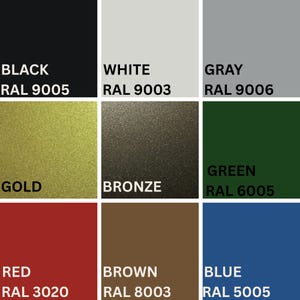 Peut inclure: Une palette de couleurs pr&eacute;sentant neuf couleurs distinctes : noir, blanc, gris, or, bronze, vert, rouge, marron et bleu. Chaque couleur est affich&eacute;e dans un carr&eacute; avec son nom et son code RAL.