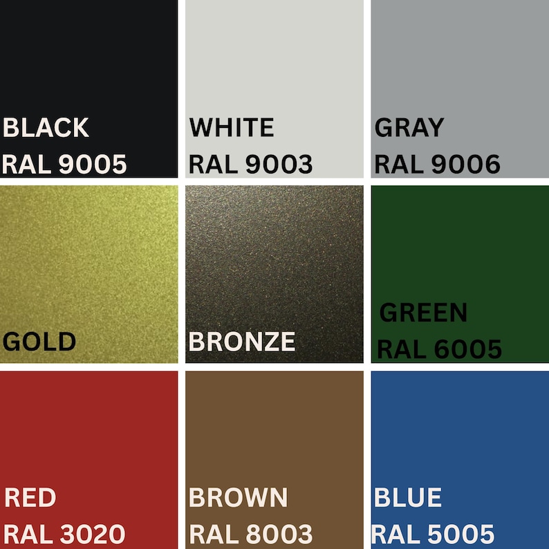Peut inclure: Une palette de couleurs pr&eacute;sentant neuf couleurs distinctes : noir, blanc, gris, or, bronze, vert, rouge, marron et bleu. Chaque couleur est affich&eacute;e dans un carr&eacute; avec son nom et son code RAL.