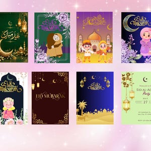 May include: A selection of Eid Mubarak cards with diverse designs. The cards showcase illustrations of mosques, crescent moons, lanterns, and children. Some cards include floral elements and the text "Eid Mubarak".