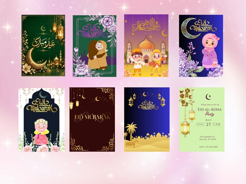 May include: A selection of Eid Mubarak cards with diverse designs. The cards showcase illustrations of mosques, crescent moons, lanterns, and children. Some cards include floral elements and the text "Eid Mubarak".