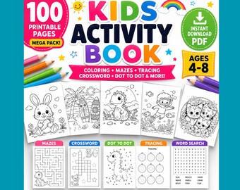 May include: A digital kids activity book mega pack with 100 printable pages for ages 4-8. The cover features colourful text, a rainbow, and illustrations of a bunny, dinosaur, and kittens. Includes colouring, mazes, tracing, and word search pages.