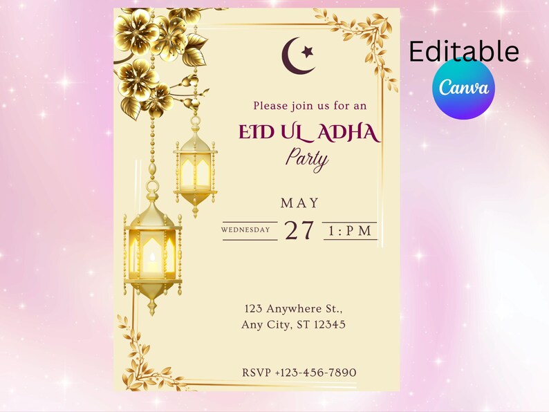 May include: A cream-coloured invitation for an Eid Ul Adha party, with gold floral and lantern decorations. The text includes the date, time, and location. A crescent moon and star are at the top.