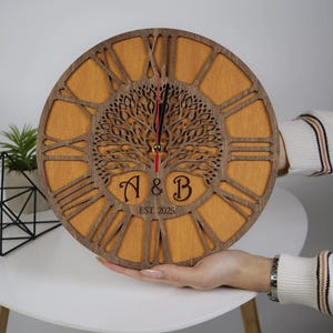 Personalized Wood Clock, Tree of Life Wall Clock, Family Initials Clock, Round Engraved Clock