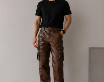 Unisex Handmade Gothic Genuine Brown Leather Trouser Pants, Wide Leg Baggy Streetwear Pant, Six Pockets Casual Formal Trouser Pant