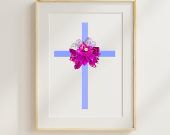 Blumenkreuz zum Ausdrucken, Christliche Dekoration und Geschenk für religiöse Feste (PNG, Digital Download)