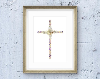 Decoración de pared o regalo cristiano: Cruz floral imprimible, PNG en varios tamaños.