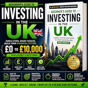 Könnte beinhalten: Buchcover "Anfängerleitfaden für Investitionen in Großbritannien" mit britischer Flagge. Das Cover zeigt Text und Grafiken, darunter einen grünen Pfeil, und verspricht, beim Aufbau finanzieller Zukunft von 0 bis 10.000 £ zu helfen.