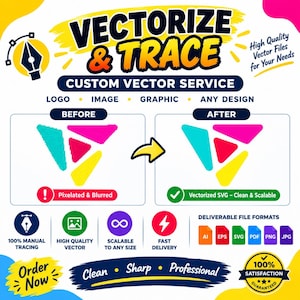 May include: A graphic advertisement for a custom vector service titled VECTORIZE & TRACE. It displays a before and after comparison of a triangle graphic, showing pixelated versus clean vector lines, with icons for file formats like AI, EPS, and SVG.
