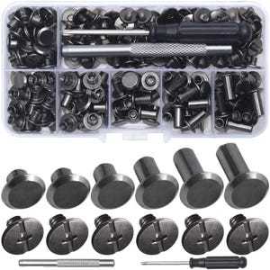 May include: A clear plastic storage box containing various sizes of black metal Chicago screws, binding posts, and rivets. The set includes a small screwdriver and a metal punch tool, with additional loose screws and posts displayed below.