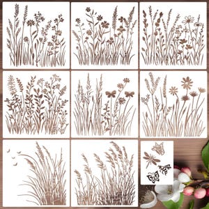 May include: A set of nine square stencils featuring brown botanical illustrations of various wildflowers, tall grasses, and meadow plants. One stencil includes small flying insects, butterflies, a dragonfly, and a bee in a brown silhouette design.