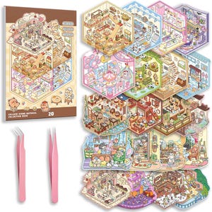 May include: A collage scene material collection book featuring numerous hexagonal stickers with detailed interior room illustrations, accompanied by two pink tweezers. The book cover displays the text Collage Scene Material Collection Book 20.