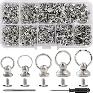 May include: A clear plastic storage container filled with silver-colored metal screw-back D-ring studs in various sizes. Below the container are five individual D-ring studs of increasing size, their matching screws, a metal punch tool, and a screwdriver.