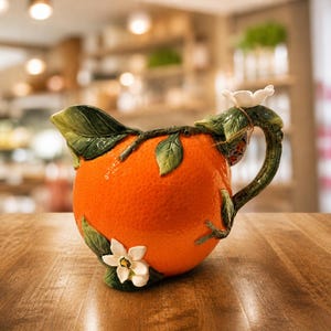 May include: Orange-shaped ceramic pitcher with a textured surface, green leaves, and white flower accents. The handle and spout are adorned with leaves and vines. A decorative kitchenware item.