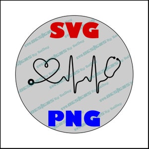 May include: A gray circle with the words "SVG" in red and "PNG" in blue. Inside the circle is a black and white illustration of a stethoscope with a heart and a heartbeat line.