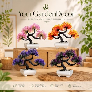 May include: Four artificial bonsai trees in white rectangular ceramic pots. The trees feature black textured trunks and branches with foliage in pink, orange, blue, and purple. The text YourGardenDecor and BEAUTIFY YOUR SPACE, NATURALLY are visible.