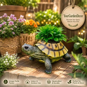 May include: A unique turtle planter with a yellow and brown shell, holding a green plant. The planter is handcrafted and durable, perfect for indoor and outdoor use. The text on the wooden tag says "YourGardenDecor".
