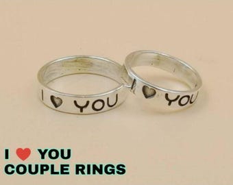 Sterling Silver Couple Rings - Custom Name Engraving - Heart Design - Personalized Matching Bands