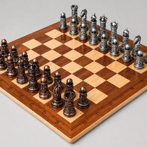 Peut inclure: Un jeu d'échecs complet avec un échiquier en bois et des pièces en métal. L'échiquier présente un motif à carreaux marron clair et foncé. Les pièces d'échecs sont de couleur bronze et argent.