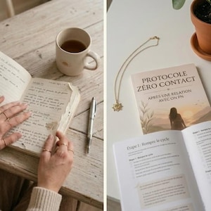 Peut inclure: Un journal avec des notes manuscrites, une tasse avec un motif de soleil et un stylo reposent sur une table en bois. Un livre intitulé "PROTOCOLE ZÉRO CONTACT" et un collier avec un pendentif soleil sont également visibles.