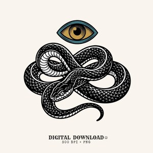 Puede incluir: Una ilustración de arte lineal en blanco y negro de una serpiente enroscada debajo de un ojo estilizado con iris dorado y contorno azul. El texto debajo dice DIGITAL DOWNLOAD 300 DPI + PNG, con un patrón de escamas detallado en la serpiente.