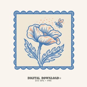 Puede incluir: Una ilustración digital cuadrada que presenta una amapola de color azul y melocotón con una pequeña abeja sobrevolándola. El diseño está encerrado en un borde festoneado azul sobre un fondo crema. El texto inferior dice DIGITAL DOWNLOAD 300 DPI + PNG.