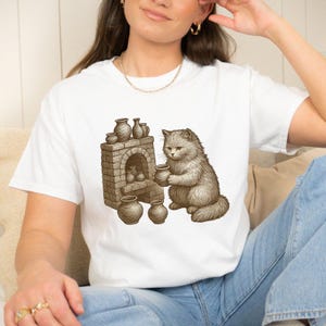 Fluffig katt-t-shirt i antik stil för kattägare, keramikälskare, handritad kattungeälskare, vintage-t-shirt med tryck