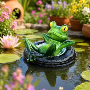 Puede incluir: Una figura de rana verde con grandes ojos amarillos descansando en un flotador negro circular con forma de neumático. La rana está colocada con los brazos detrás de la cabeza en una pose relajada, flotando sobre el agua entre nenúfares.