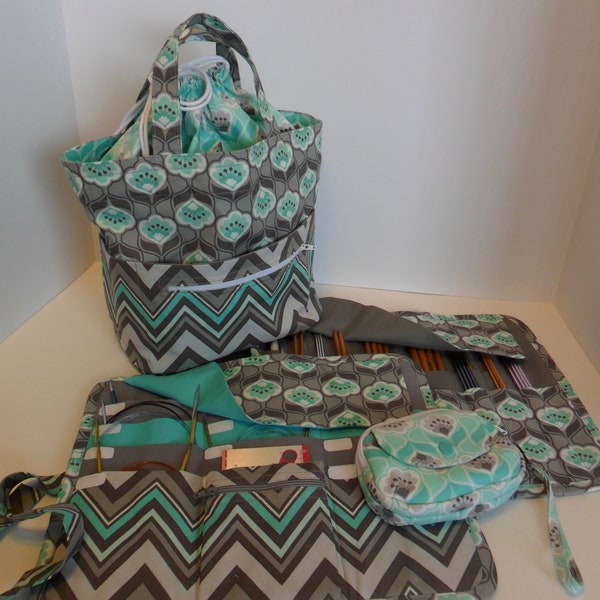 Knitters Project bag circular needle storage dbl point and crochet hook storage yarn tote and a 2 zipper pouch with snap pocket Grey & Aqua