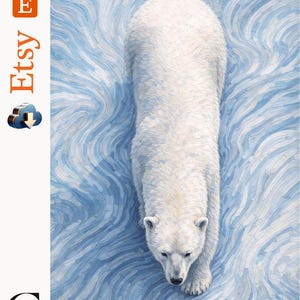 Puede incluir: Una pintura de un oso polar blanco caminando hacia adelante, visto directamente desde arriba. El oso se encuentra sobre un fondo de pinceladas texturizadas y arremolinadas en tonos azul claro, blanco y gris pálido, creando un efecto fluido.
