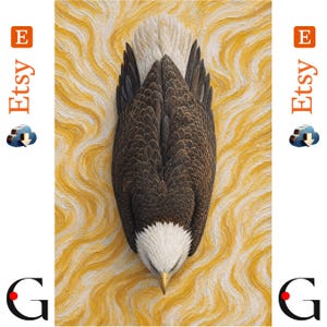 May include: A textured painting of a bald eagle viewed from above, featuring a white head, dark brown wings, and a white tail. The eagle is centered against a background of swirling, thick yellow and white impasto paint strokes.