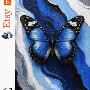 Puede incluir: Una pintura texturizada que presenta una mariposa central azul y negra con puntas de alas blancas. El fondo consiste en pinceladas gruesas de estilo empaste en tonos azul marino, azul real, azul claro, blanco y gris en un patrón ondulado.