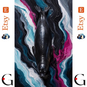 May include: A glossy black seal sculpture positioned vertically in the center, set against a textured background of swirling paint in shades of deep black, vibrant magenta, bright turquoise, and white, creating a fluid and dynamic visual effect.