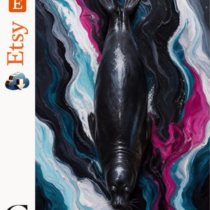 Puede incluir: Una foca negra brillante está colocada verticalmente en el centro del encuadre, rodeada por un fondo abstracto y texturizado que presenta patrones arremolinados de negro profundo, magenta vibrante, turquesa brillante y trazos blancos.