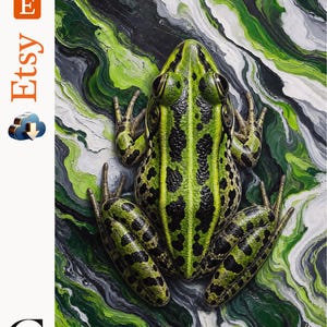 Puede incluir: Una pintura de una rana verde con manchas negras situada en el centro sobre un fondo de pinceladas arremolinadas de color verde, negro y blanco. La rana se muestra desde una perspectiva cenital con textura visible y marcas detalladas.