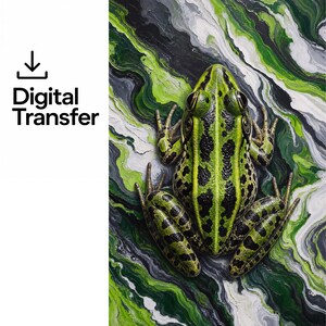 May include: A digital transfer file featuring a top-down view of a green frog with black spots, positioned against a textured background of swirling green, black, and white paint strokes. The text Digital Transfer is visible on the left side.