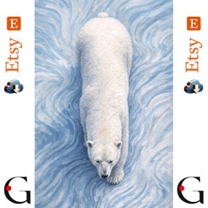 May include: A digital illustration of a white polar bear viewed from above, walking across a textured background of swirling light blue and white brushstrokes. The image features the text Etsy and the letter G on the left and right sides.