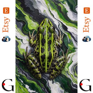 May include: A painting of a green frog with black spots positioned in the center. The background features a swirling, abstract pattern of white, light green, dark green, and black paint strokes with a thick, textured impasto application.