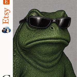 Pode incluir: Uma ilustração detalhada de um sapo verde usando óculos de sol pretos. O sapo tem uma pele texturizada e rugosa, representada contra um fundo cinza sólido. A obra apresenta traços finos e sombreamento para definir as características do sapo.