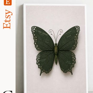 Pode incluir: Uma impressão de arte emoldurada apresentando uma borboleta verde-escura com bordas de asas intrincadas tipo renda. As asas exibem texto francês vintage, incluindo Le Petit Journal e La Française. A borboleta tem antenas finas sobre um fundo rosa pálido.