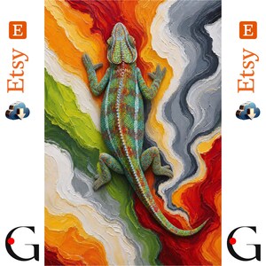 May include: An oil painting featuring a textured, green and red chameleon centered on a vibrant, abstract background of swirling orange, yellow, red, green, and gray impasto brushstrokes that create a sense of movement and depth.