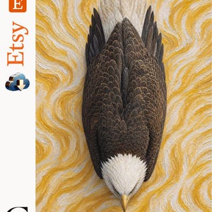 Puede incluir: Una pintura al óleo texturizada que muestra un águila calva con plumas de color marrón oscuro y cabeza blanca, colocada verticalmente sobre un fondo arremolinado de pinceladas amarillas y crema vibrantes que crean movimiento.