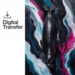 May include: A digital transfer file featuring a glossy black seal centered over an abstract background of swirling paint in shades of deep blue, bright turquoise, white, and vibrant magenta. The text Digital Transfer is printed on the left.