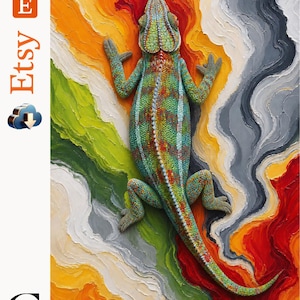 Puede incluir: Una pintura al óleo texturizada que presenta un camaleón central con escamas verdes, azules y naranjas. El fondo consiste en pinceladas gruesas y empastadas en tonos vibrantes de rojo, naranja, amarillo, verde, blanco y gris.