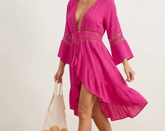 Boho Crochet Beach Kimono, Lace-Up Hollow Out Duster, Summer Resort Swimsuit Cover-Up