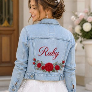 Personalized Ruby Embroidered Denim Jacket – Elegant Bridal Wedding Jean Jacket with Red Roses –  – Perfect Gift for Her".
